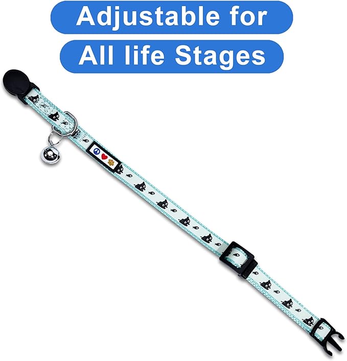 Pawtitas Glow in The Dark Cat Collar with Breakaway Safety Buckle & Bell Adjustable Kitten Collar, Set of 2 GID Teal/Black