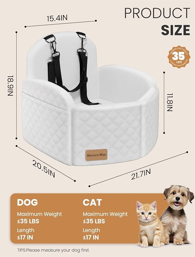 Dog Car Seat for Small/Medium Dogs, Elevated Dog Booster Seat Memory Foam Puppy Car Seat with Washable Cover, Travel Safety Pet Seat Bed for Car with Storage Pockets Up to 35 lbs (White)