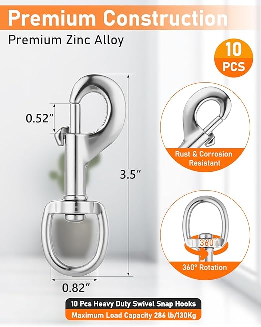 10 Pcs Swivel Snap Hooks Heavy Duty, 3.5" Swivel Clip Clasp, Multipurpose Bolt Snap Single Ended for Keychain Camera Strap Linking Pet Leash.