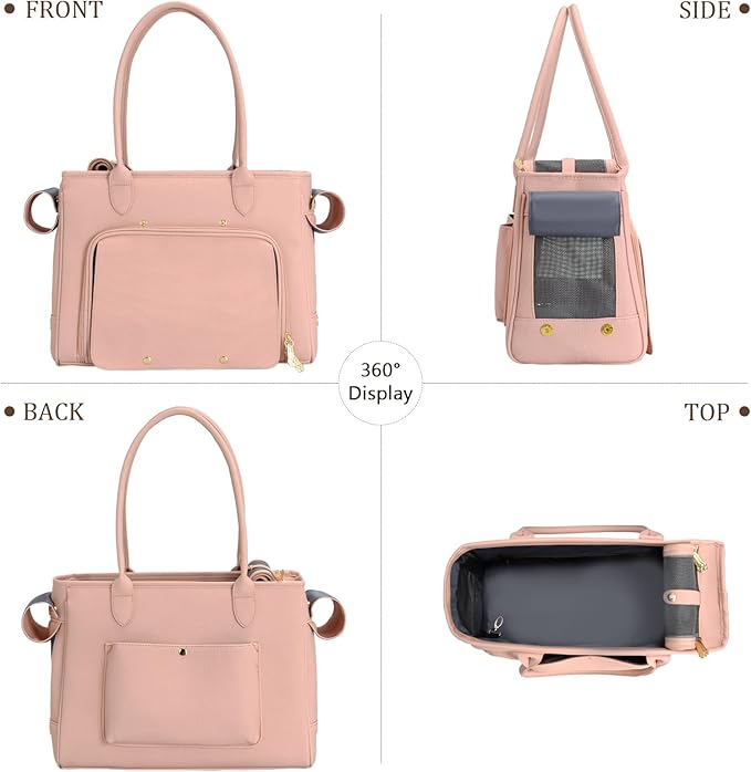 Minsong Fashion Pet Carrier Purse for Small Cat and Dog, Luxury Pu Soft-Sided Tote Bag with Large Pockets for Dogs and Puppies (Pink, 15.8" L x 7.5" W x 11.8" H)