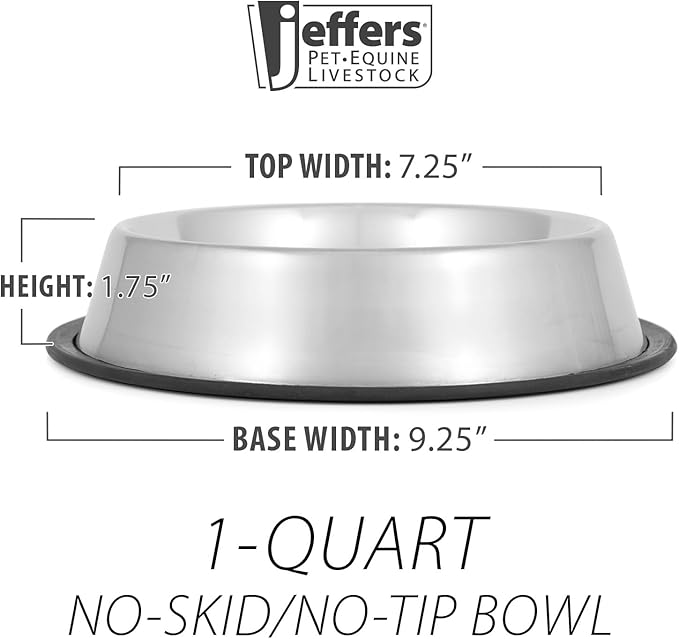 Jeffers No Skid No Tip Stainless Steel Pet Bowls for Dogs & Cats - Non-Slip Food & Water Feeder Dish with Black Rubber Base, Durable Easy to Clean Feeding Bowl for Indoor & Outdoor Use - 1 Quart