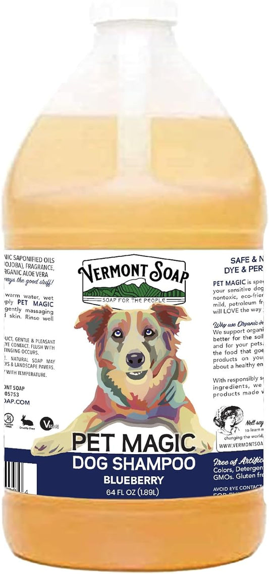 VERMONT SOAP Organics Pet Shampoo - Infused with Organic & Natural Olive Oil, Coconut & Aloe Vera Dog Shampoo for Sensitive Skin - USDA Certified Grooming, Blueberry (64oz)