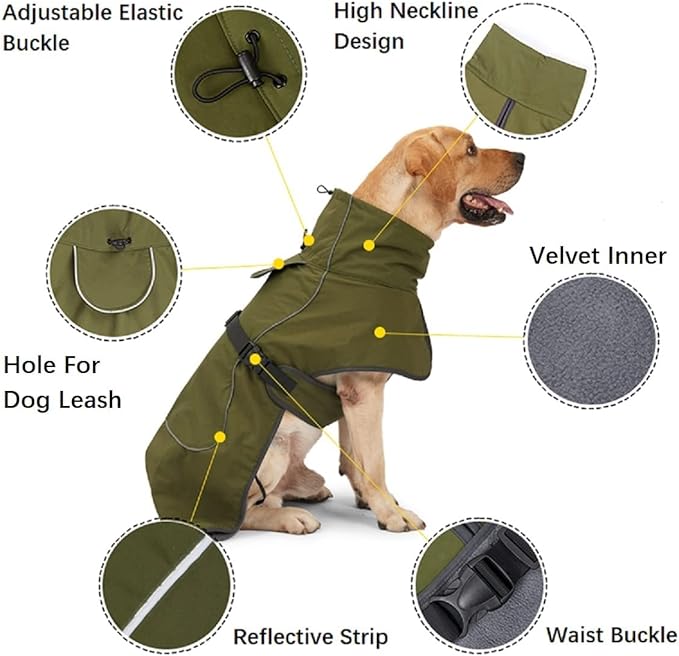 Green S Dog Raincoat - Waterproof Winter Jacket with Velvet Inner, Reflective Strip