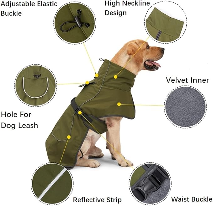 Dog Raincoat - Waterproof Dog Winter Jackets Windproof Coat with Velvet Inner Winter Dog Rain Coat with Reflective Strip,Green XS