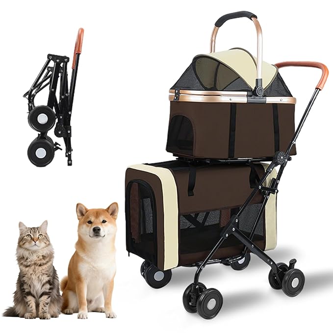 Foldable Double Pets Stroller for Dog Portable Cat Strollers for Small Medium Pet with Detachable Carriers Flexible Lockable Wheels Lightweight Dogs Jogger Strolling Cart Up to 77Lbs (Brown)