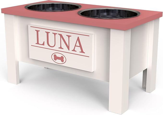 GrooveThis Woodshop - Personalized Elevated Dog Bowl Stand for Large, Medium, Small, X-Small Dogs - Stainless Steel Food and Water Bowls - Raised Dog Dish with Internal Storage (Large, Magenta)