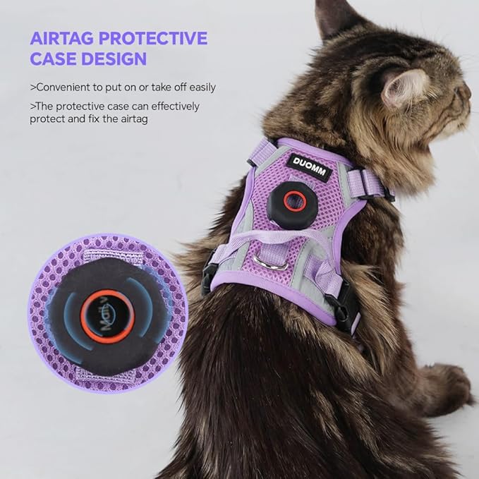 Cat Harness and Leash Set with AirTag Holder: Upgraded Escape Proof Vest with Lead for Small Dog Puppy Large Cat Walking，Soft Breathable Mesh Coat with Reflective Strip (Purple, XL)