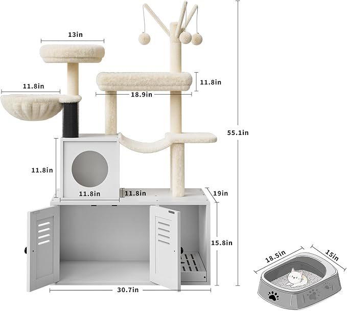 Litter Box Enclosure with Cat Tree Tower and Condo, Hidden Cat Washroom Furniture with Sisal Scratching Post & Soft Plush Perch, Wooden Cat Furniture with Multiple Platforms,White