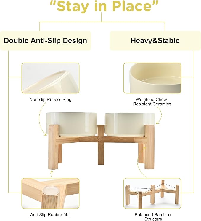 SPUNKYJUNKY Elevated Dog Bowls Ceramic, 6.1'' Dogs and Cat Food Water Bowls Raised with Non-Slip Bamboo Stand for Medium Sized Breed Microwave Dishwasher Safe - 28.7 OZ,Beige