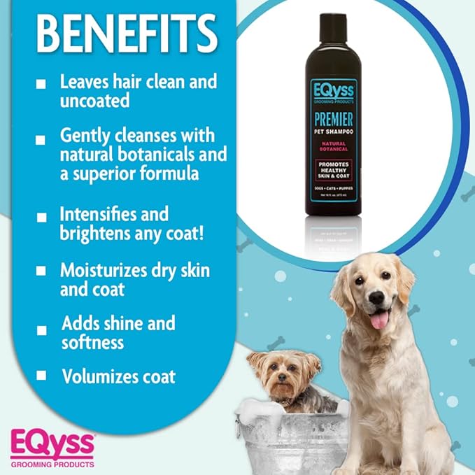 EQyss Premier Pet Shampoo - Cleanses & Moisturizes Coat, Adds Volume, Intensifies Colors, Residue-free Finish - For All Dogs, Cats, Puppies (16 oz)