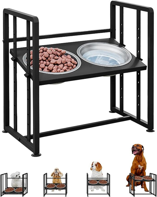 Elevated Dog Bowls 4 Height Adjustable Metal Pet Food Feeder Stand with 2 Stainless Steel Bowl Raised Dogs Feeding Station with Non-Slip Mats Black (Black, Without Feeding Mat)