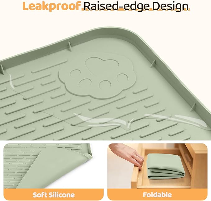 Dog Food Mat, Extra Large 34" x 22" Silicone Pet Feeding Mat with Raised Edge Pet Placemat for Small, Medium, and Large Pets Non-Slip, Easy to Clean (Light Green)