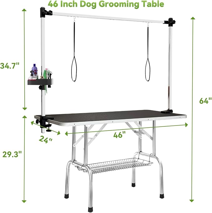 46" Large Dog Grooming Table, Non-Slip Tabletop with Adjustable Armrests, Lasso, Tool Organizer, Grid Tray, Foldable Home Pet Station, Maximum Weight Capacity 330 Ibs,Black