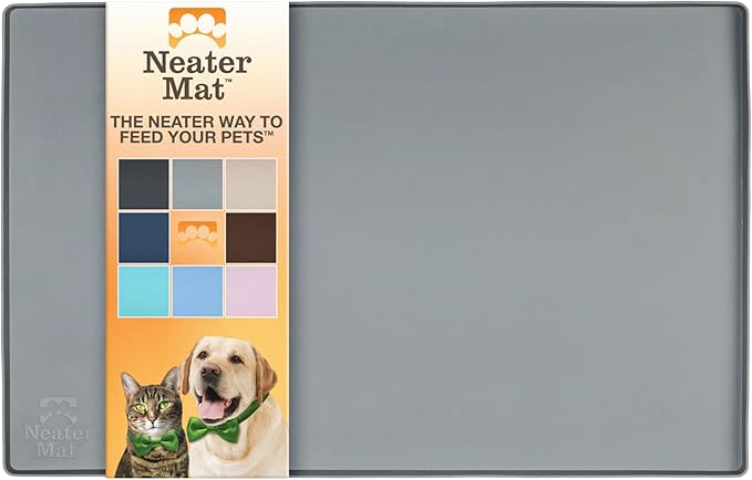Neater Pet Brands Neater Mat Pet Mats for Food and Water, Cat & Dog Bowl Mat Waterproof Silicone, Feeding Tray, Dog Food Mats for Floors, Placemat w/Raised Edge for Under Bowls, 16” x 10”, Grey