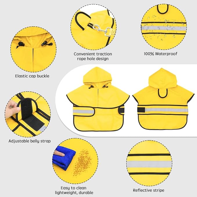 Candofly Dog Raincoat, Waterproof Dog Coat Reflective Dog Rain Jacket with Harness Hole, Hooded Pet Ponch Slicker for Large Dogs (XX-Large, Yellow)