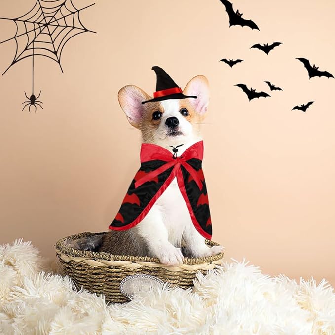 Pet Halloween Costumes Dogs Cats Halloween Vampire Pets Costume Cape with Black Red Witch Hat Wizard Cats Cosplay Clothes Apparel for Small Dogs Cats Halloween Party Decorations