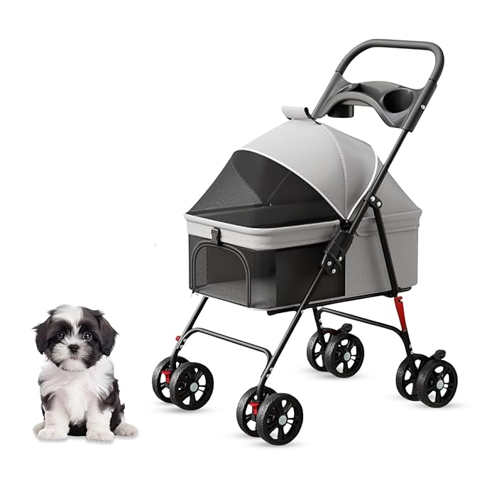4 Wheel Foldable Pet Stroller - Lightweight Dogs and Cats Stroller Upto 44lbs with Mesh Canopy, Storage Basket and Cup Holder, Durable for Walks and Outings (Small)