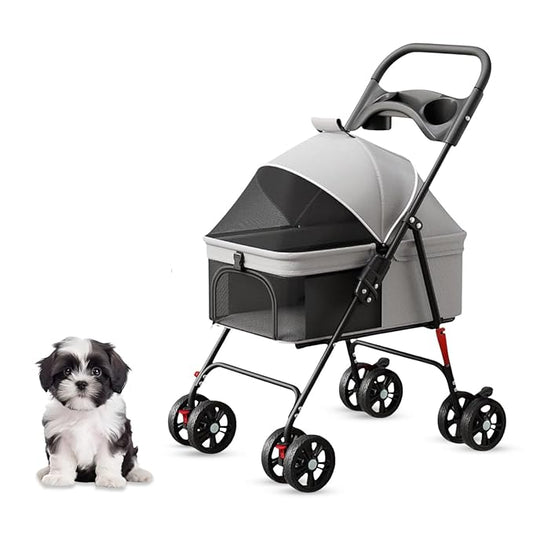 4 Wheel Foldable Pet Stroller - Lightweight Dogs and Cats Stroller Upto 44lbs with Mesh Canopy, Storage Basket and Cup Holder, Durable for Walks and Outings (Small)