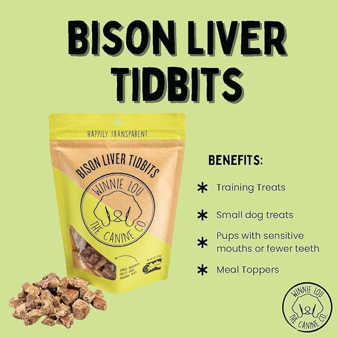 Winnie Lou The Canine Co. Freeze Dried Bison Liver Tidbits - Single Ingredient, Human-Grade, No Artificial Flavors or Fillers, Perfect for Training (Pack of 2)