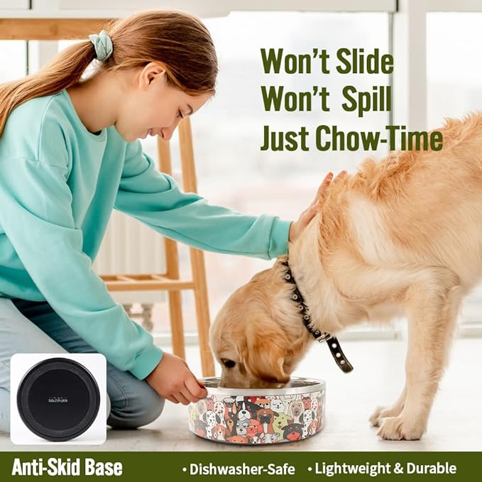Selly's Den Pawdience Double Walled Stainless Steel Bowl Non-Slip, Durable, Rust Resistant Pet Food & Water Dish, BPA Free Rubber Base (85 Oz - Large)
