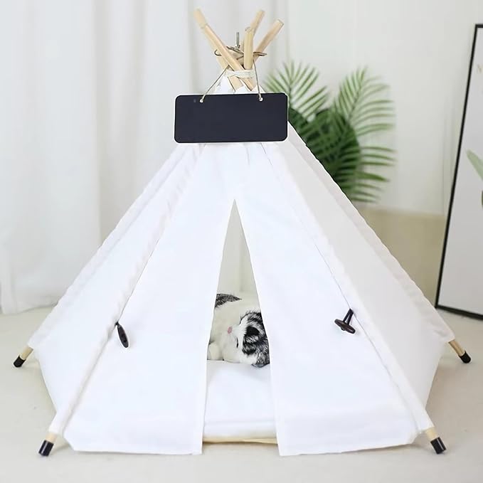 Dog Cat Teepee Tent Bed,Portable Pet Teepee for Small Animals Removable & Washable,Indoor Dog House with Cozy Cushion,Cat Teepee for Indoor Cats,Bunny Tent Outdoor (White, M)