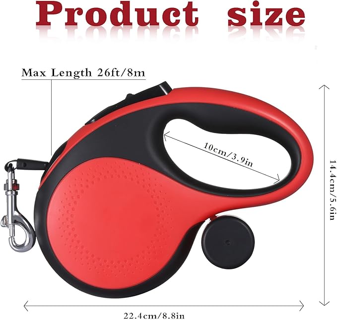 Retractable Dog Leash with Chew Proof Cable, 26ft Heavy Duty Retractable Dog Leash for Medium Large Dogs up to 110lbs，360° No Tangle, one-Hand Brake， Strong Nylon Strap That Won't Tangle,(Red)