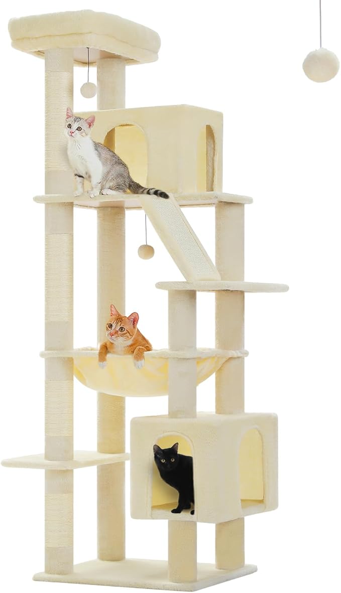 71 Inch Tall Cat Tree for Indoor Cats Large Adult, Multi-Level Cat Tower with Extra Large Hammock, 2 Cat Caves, Spacious Top Perch, Scratching Pad, Beige
