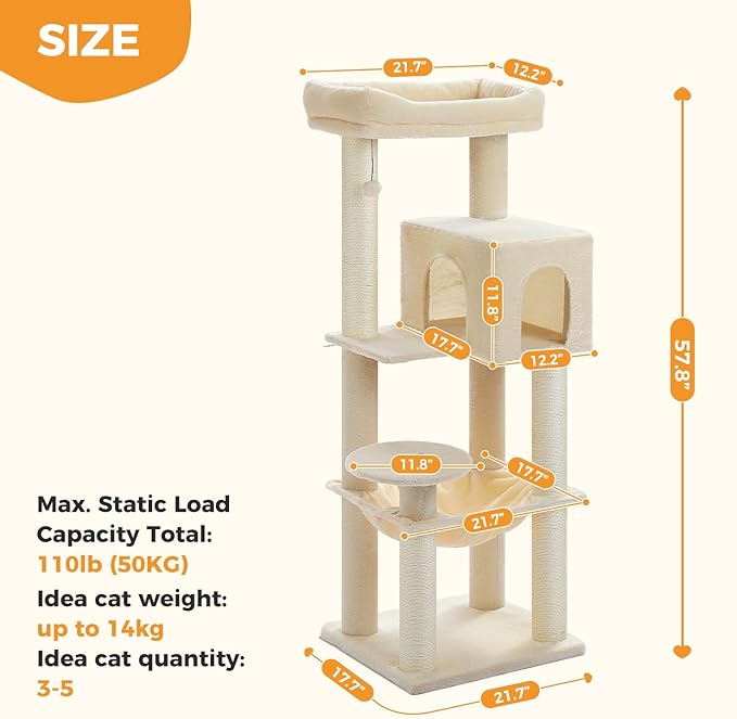 Large Cat Tree for Indoor Cats Large Adult, 57.8" Heavy Duty Cat Tower with 4 Reinforced Scratching Posts (φ3.7in) and Plush Larger Hammock for Maine Coon & Big Cats, Supports 30lbs, Beige