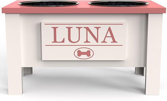 GrooveThis Woodshop - Personalized Elevated Dog Bowl Stand for Large, Medium, Small, X-Small Dogs - Stainless Steel Food and Water Bowls - Raised Dog Dish with Internal Storage (Large, Magenta)