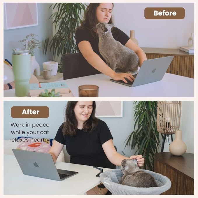 Cat Desk Bed - Stable and Sturdy, Rotating Cat Hammock, Desk Perch with 2 Washable Covers, Non-Slip Clamp - Safe, Space-Saving Cat's Furniture for Remote Workers, Gamers, Holds Up to 40lbs