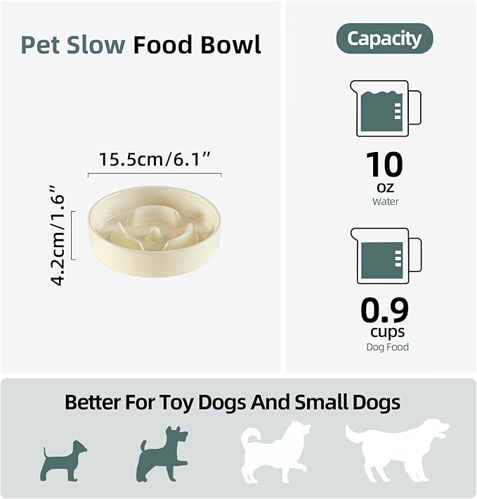 Ceramic 0.9 Cup Dog Bowl Slow Feeder for Small Dog, 6.1inch Pet Slow Feeder, Stop Bloat, Preventing Choking(Single Bowl-Beige)