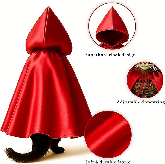 Devil Cat Cloak and Horned Mask Costume for Indoor Cats, Funny Superhero Pet Outfit for Halloween, Cosplay and Party Photoshoots, Red Hooded Cape and Mask Set for Cats – Big/Middle