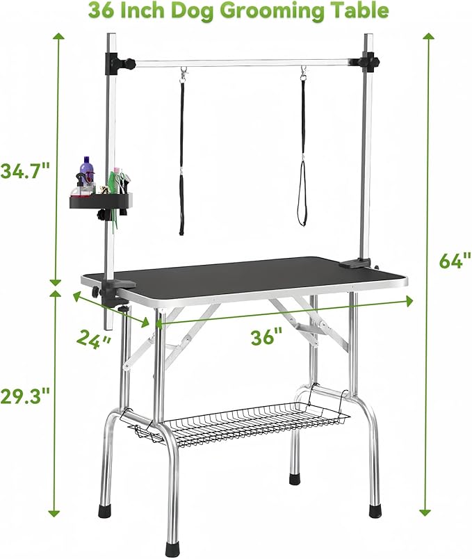 36" Large Dog Grooming Table, Non-Slip Tabletop with Adjustable Armrests, Lasso, Tool Organizer, Grid Tray, Foldable Home Pet Station, Maximum Weight Capacity 330 Ibs,Black