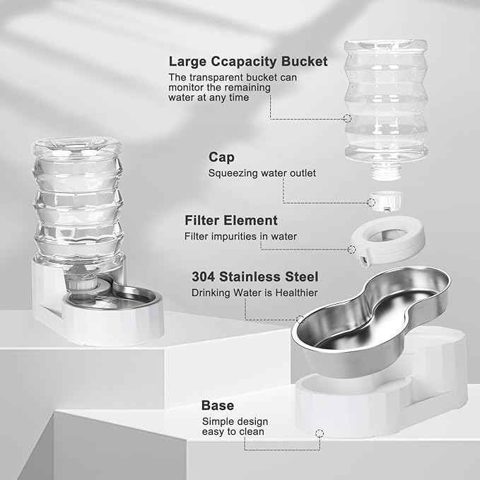 RIZZARI Pet Water Bowl Dispenser: 4L Automatic Stainless Steel Gravity Feeder - Large Capacity for 8-20 LB Cats and Dogs with Joint Spine Pain - for Kitchen Bedroom