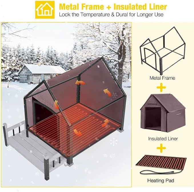 Heated Dog House with Insulated Liner, Waterproof Dog Kennel for Small to Medium Size Dogs, Outdoor Doghouse 100% Insulated Puppy Shelter with Elevated Floor for Winter (Grey-Heated, Medium)