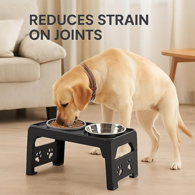 Elevated Dog Bowls - Raised Stand With 2 Stainless Steel and 1 Slow Feeder Bowl, Adjustable 5 Heights for Medium Large Dogs, Non-Slip, Black