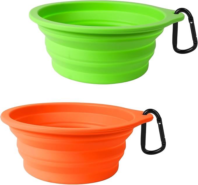 PetBonus 2-Pack Large Silicone Collapsible Dog Bowls, 34oz/1000ml BPA Free Portable Foldable Travel Bowl for Pet Cat, Food Water Feeding Dish for Camping with 2 Carabiners (Green, Orange)