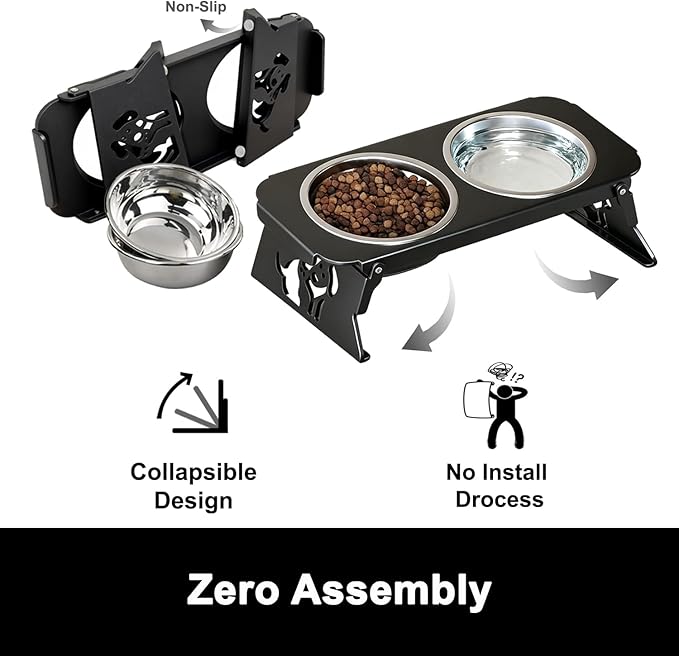 2 Set Elevated Cat Bowls, 4 Stainless Steel Bowls with Cute Raised Metal Stand for Food&Water, Zero Assembly, 12°Tilted Anti-Vomiting Cat Dishes for Indoor Cats/Multiple Kitten/Puppy