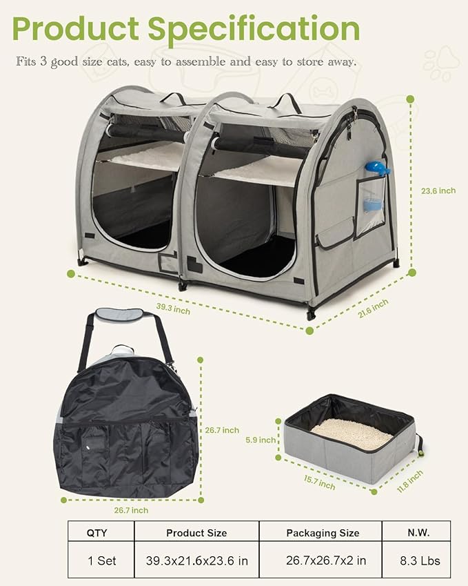Portable Twin Compartment Show House Cat Cage Condo,Comfy Puppy Home Dog Travel Crate with Carry Bag,2 Hammocks and Mats & Collapsible Litter Box and Water Bottle