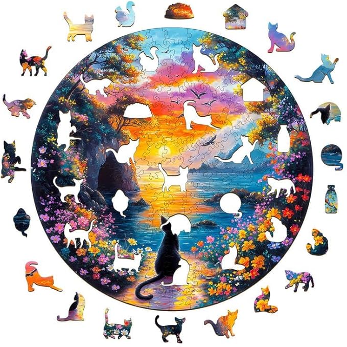 Jigfoxy Wooden Puzzle for Adults, Kitten Wooden Jigsaw Puzzles for Adult, Unique Cat Shape Wood Cut Puzzles, Christmas Thanksgiving Gifts for Friends Family (M-11.4 * 11.4in-200pcs)