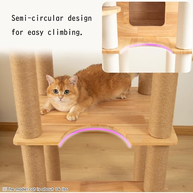 74" Wooden Cat Tree Tower for Large Cats, Multi-Level Cat Climbing Furniture with Scratching Posts, Cat Condo & Hammock, Natural Wood Cat Activity Center(White)