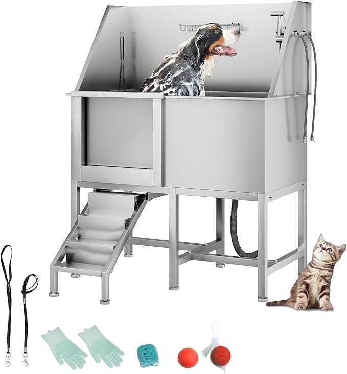 50" Pet Dog Bathing Station, Stainless Steel Dog Bathtub W/Ramp, Floor Grate, Dog Bath Brush, Washing Gloves for Home, Professional Dog Washing Station for Pets (50 Inch Left Door)