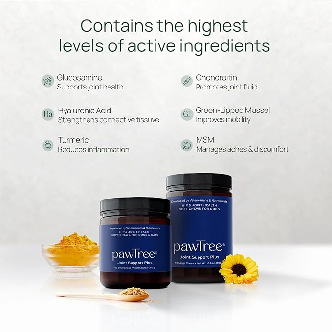 pawTree Joint & Hip Support Supplement for Dogs & Cats with Glucosamine, Chondroitin, MSM, Tumeric & Green Lipped Mussels - Vitamins & Health Essentials - All-Natural Mobility Soft Chews