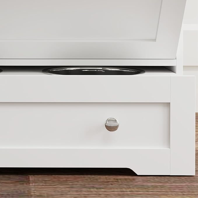 PawHut Dog Feeding Station with 2 Storage Cabinets, Elevated Dog Bowls, Side Hooks, Anti-tip Kit, Hidden Pet Feeder Station for Feeding & Watering, White