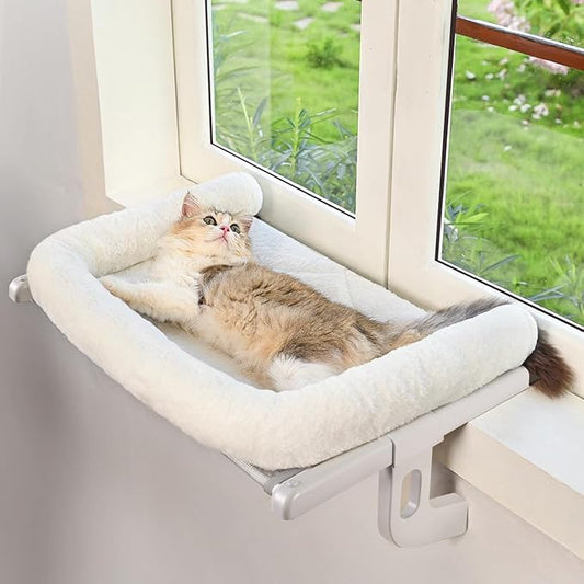 Cat Window Sill Perch with Large Bolster, Easy to Adjust & Assemble Cat Window Seat for Windowsill & Bedside, Pet Hammock Bed for Large Cats and Kittens (White, L)