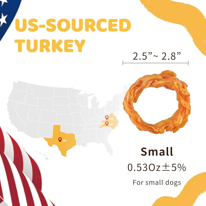 iPaw Turkey Tendons for Dogs, 100% Turkey and US Sourced Raw Material, Hypoallergenic, All Natural Human Grade Puppy Chew, Rawhide Alternative Dog Treats, 4 Units/Pack Ring (Small)