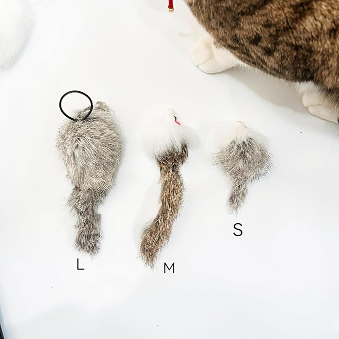 Real Rabbit Fur Mouse Cat Toy - 5 Pack with Crinkle Sound, Rattle & Rope, Extra-Wide Durable Tail, Interactive Hunting Toys for Indoor Cats (No Catnip)