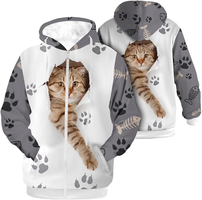 Cat Jacket for Men Women Paw Coat Hoodied Sweatshirts Zip Up Hoodies