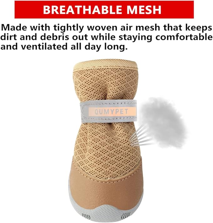 QUMY 4PCS Dog Shoes for Small Dogs, Hot Pavement Summer Puppy Dog Boots & Paw Protectors with Soft Anti-Slip Rubber Sole, Mesh Breathable Dog Booties for Hardfloors, Walking Running Khaki Size 2