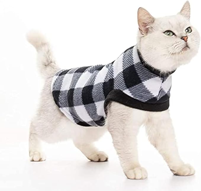 EXPAWLORER Plaid Cat Sweater - Pet Clothes Cat Puppy Vest Warm Fleece Hoodie for Cats, Fall and Cold Winter Coat Pullover Design, Buffalo Checked Sweatshirt Clothing Also for Small Dogs